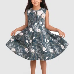 BAESD Girls Floral Printed Tie-Up Neck Cotton Fit & Flare Dress-image-0