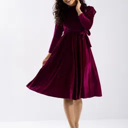 AASK High Neck Ruffled Velvet Fit & Flare Dress-picture-22