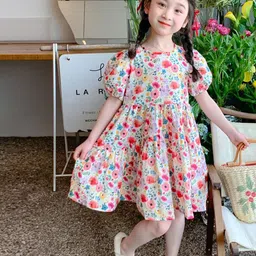 StyleCast x Revolte Girls Red & White Floral Print Puff Sleeves Layered Fit & Flare Dress-picture-15