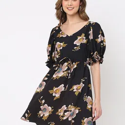 MISH Black And Brown Floral Printed V-Neck Puff Sleeves Fit & Flare Dress-image-39