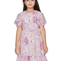 Peppermint Floral Printed Flared Sleeve Satin Fit & Flare Dress-image-78
