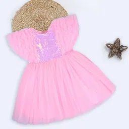 Wish Karo Girls Embellished Flutter Sleeves Sequinned Georgette Net Fit & Flare Dress-picture-7