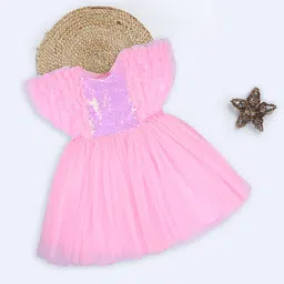 Wish Karo Girls Embellished Flutter Sleeves Sequinned Georgette Net Fit & Flare Dress-picture-5