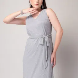 FabAlley Silver-Toned Embellished Tie ups A-line Dress With Belt-image-6