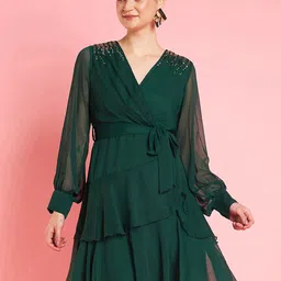 Antheaa Embellished Layered V-Neck Chiffon Fit & Flare Dress-image-40