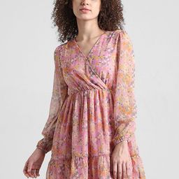 ONLY Floral Printed Puff Sleeves V-Neck Gathered Chiffon Fit & Flare Dress-image-57