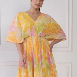 Antheaa Yellow & Pink Floral Print V-Neck Extended Sleeves Chiffon Fit & Flare Dress-image-64