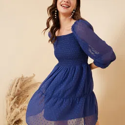 RARE Navy Blue Self Design Square Neck Fit & Flare Dress-picture-11