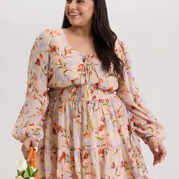20Dresses Plus Size Yellow Floral Printed Puff Sleeves Blouson Dress-image-69