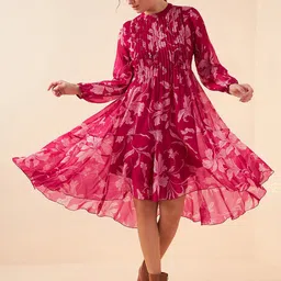 Antheaa Floral Printed High Neck Puff Sleeves Pleated Detailed Chiffon A-Line Midi Dress-image-38
