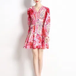 JC Collection Floral Printed V-Neck Puff Sleeves Fit & Flare Dress-image-85