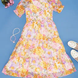 Pantaloons Junior Round Neck Short Puff Sleeves Floral Print Fit & Flare Dress-31