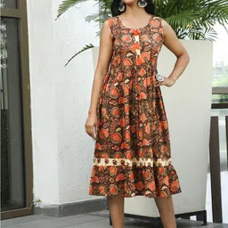 AKS Couture Floral Printed Cotton Fit & Flare Midi Ethnic Dress-image-21
