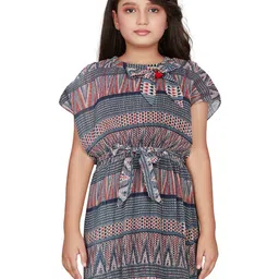 Peppermint Geometric Printed Extended Sleeves Belted Fit & Flare Dress-picture-1