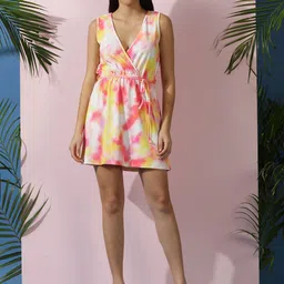 Stylecast X Kotty White & Yellow V-Neck Sleeveless Printed Fit & Flare Dress-40