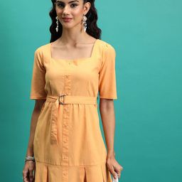 Tokyo Talkies Peach-Coloured Square Neck Cotton Fit & Flare Dress-image-46