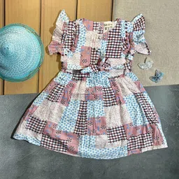 Bella Moda Girls Checked Flutter Sleeves Pure Cotton Fit & Flare Dress-picture-11