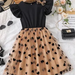 BAESD Girls Geometric Print Round Neck Short Flared Sleeves Net Fit & Flare Dress-image-98