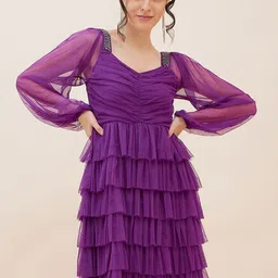 Antheaa Puff Sleeve Layered Net Fit & Flare Dress-image-1