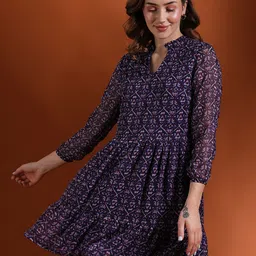 Globus Floral Printed Mandarin Collar Georgette Fit & Flare Dress-image-27