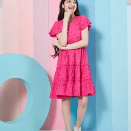 pspeaches Girls Self Design V-Neck Flutter Sleeve Georgette Fit & Flare Dress-image-46