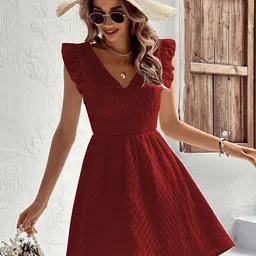 RARE Maroon Georgette Fit & Flare Dress-picture-30