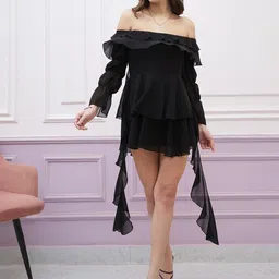 Athena Black Off-Shoulder Puff Sleeves Ruffles Detailed Fit & Flare Mini Dress-image-78