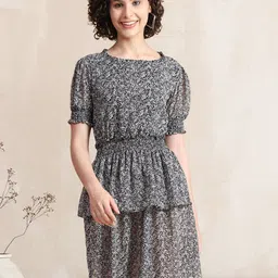 BAESD Abstract Printed Puff Sleeve Georgette Fit & Flare Dress-image-90