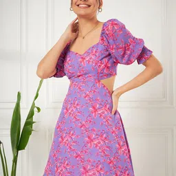 Kibo Floral Printed Puff Sleeves Cut-Outs Georgette A-Line Dress-picture-45