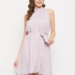 BAESD Striped Halter Neck Georgette Tie & Up Fit & Flare Dress-image-27