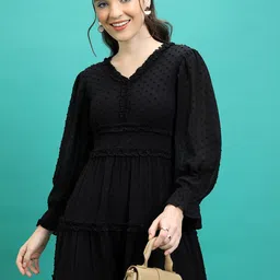 Tokyo Talkies Black Self Designed Ruffled Detailed V-Neck Puff Sleeves Fit & Flare Dress-picture-0