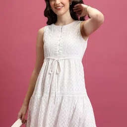 Tokyo Talkies White Self Design Lace Inserts Tiered A-Line Dress-picture-14
