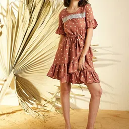 StyleStone Brown Polka Dots Printed A-Line Dress-image-63