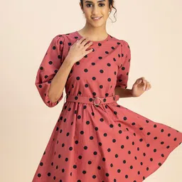 Moomaya Polka Dot Print Round Neck Three-Quarter Sleeves Fit & Flare Cotton Dress-image-99