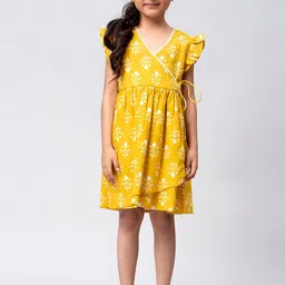 HERE&NOW Girls Yellow Ethnic Printed Warp Dress-image-65