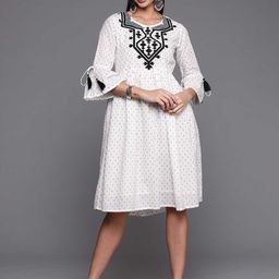 Indo Era Embroidered Bell Sleeves Gathered Cotton A-Line Dress-image-71