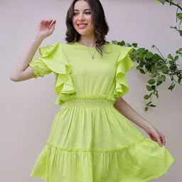 Athena Green Self Design Round Neck Puff Sleeve Ruffled Seersucker Fit & Flare Dress-60
