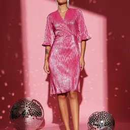 ATRAENTA Striped V-Neck Knee Length Embellished Satin Wrap Dress-image-101