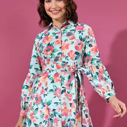 Tokyo Talkies Floral Printed Puff Sleeves Tie-Ups Shirt Dress-picture-16