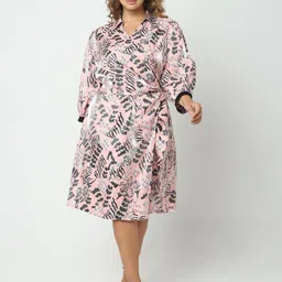 VERO MODA CURVE Abstract Printed Shirt Collar Lace Inserts Wrap Dress-image-56