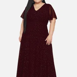 wild U Plus Size Maroon & Gold-Toned Glitter Embellished Georgette Maxi Dress-picture-29