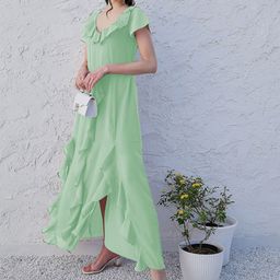 Athena Green V-Neck Flared Sleeve Ruffled Georgette Maxi Dress-32