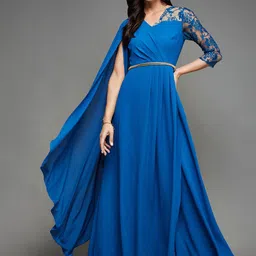 Miss Chase V-Neck Lace Inserts Georgette Asymmetric Maxi Dress-picture-13