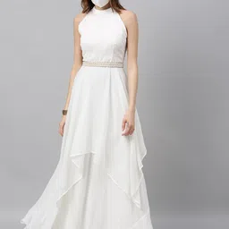 Ethnovog Round Neck Embroidered Sequins Georgette Maxi Dress With Mask-6