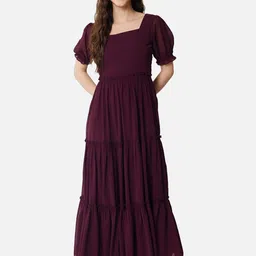 BAESD Square Neck Puffed Sleeves Georgette Fit & Flare Maxi Tiered Dress-image-6