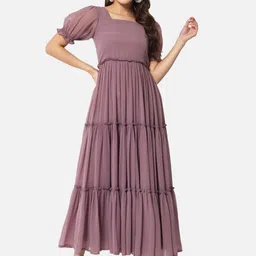 BAESD Square Neck Puff Sleeves Gathered Detailed Tiered Maxi Dress-image-67