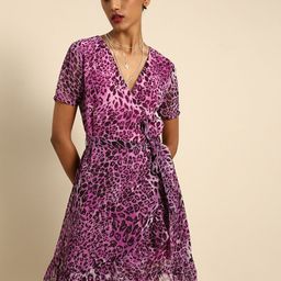 DODO & MOA Pink & White Animal Print V-Neck Georgette Wrap Dress-image-32