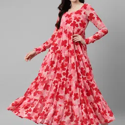 DEEBACO Red Floral Print Georgette Maxi Dress-image-1
