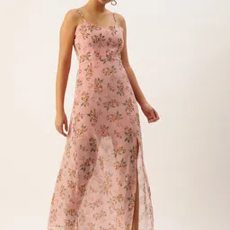 ROVING MODE Floral Printed Shoulder Straps Georgette Maxi Dress-42