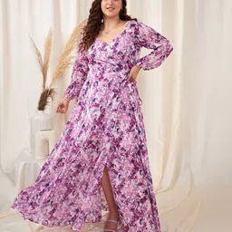 Berrylush Curve Plus Size White & Purple Floral Printed Waist Tie-Ups Wrap Maxi Dress-66